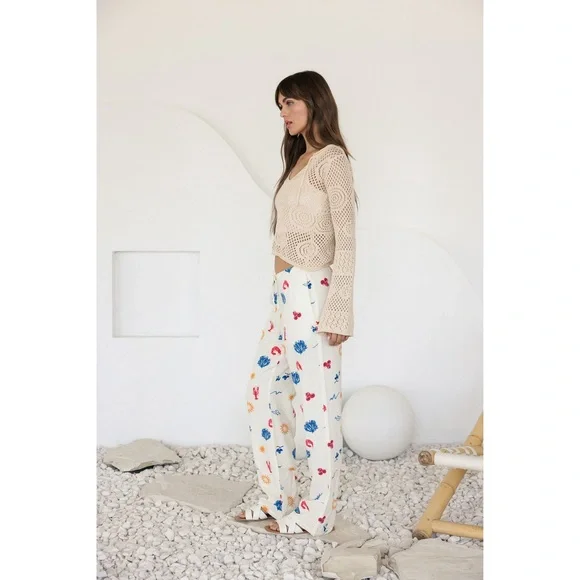 Printed Linen Pull On Pants - White - Picture 3 of 7